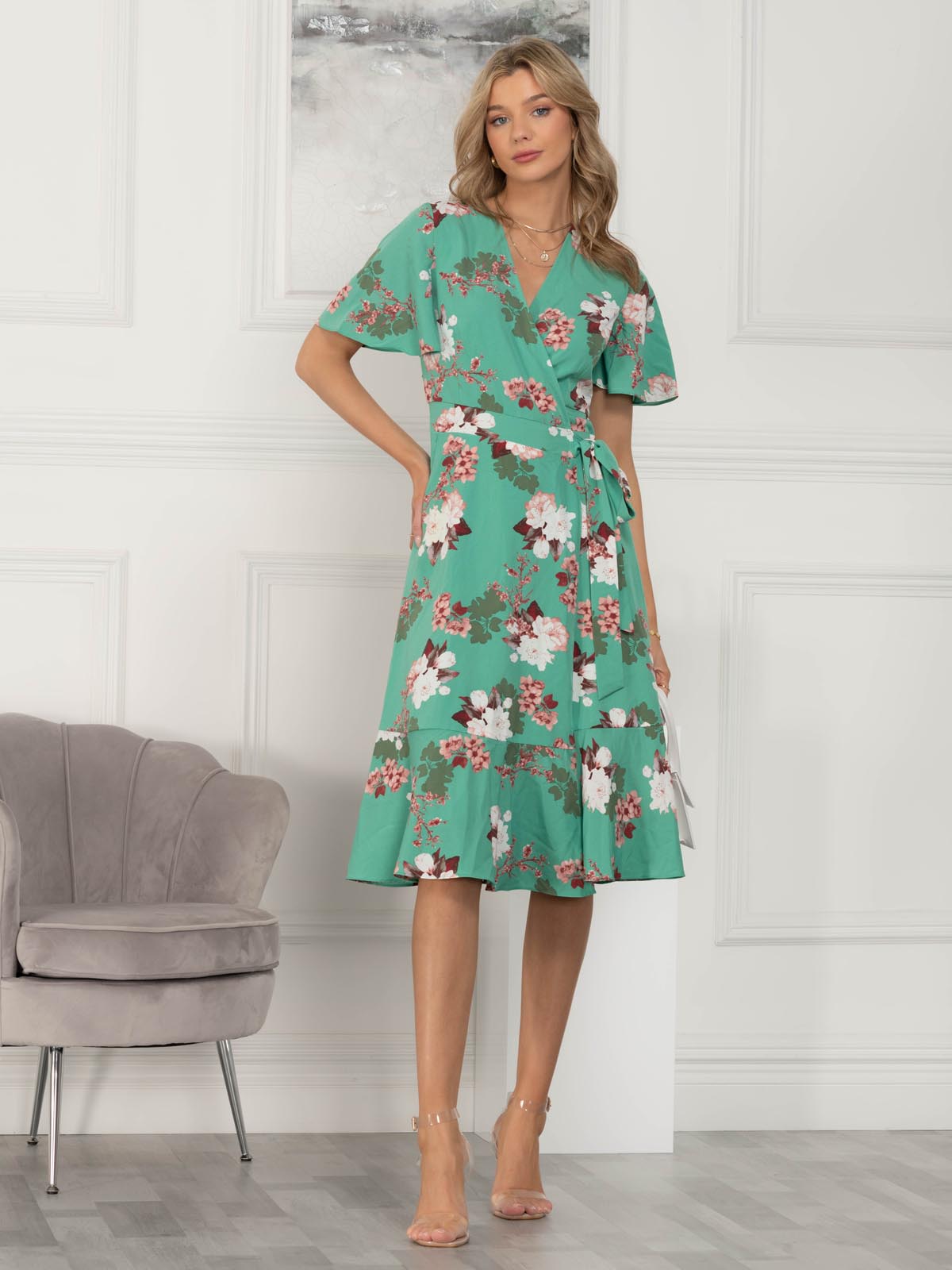 Wylla Wrap Woven Midi Dress, Green Floral