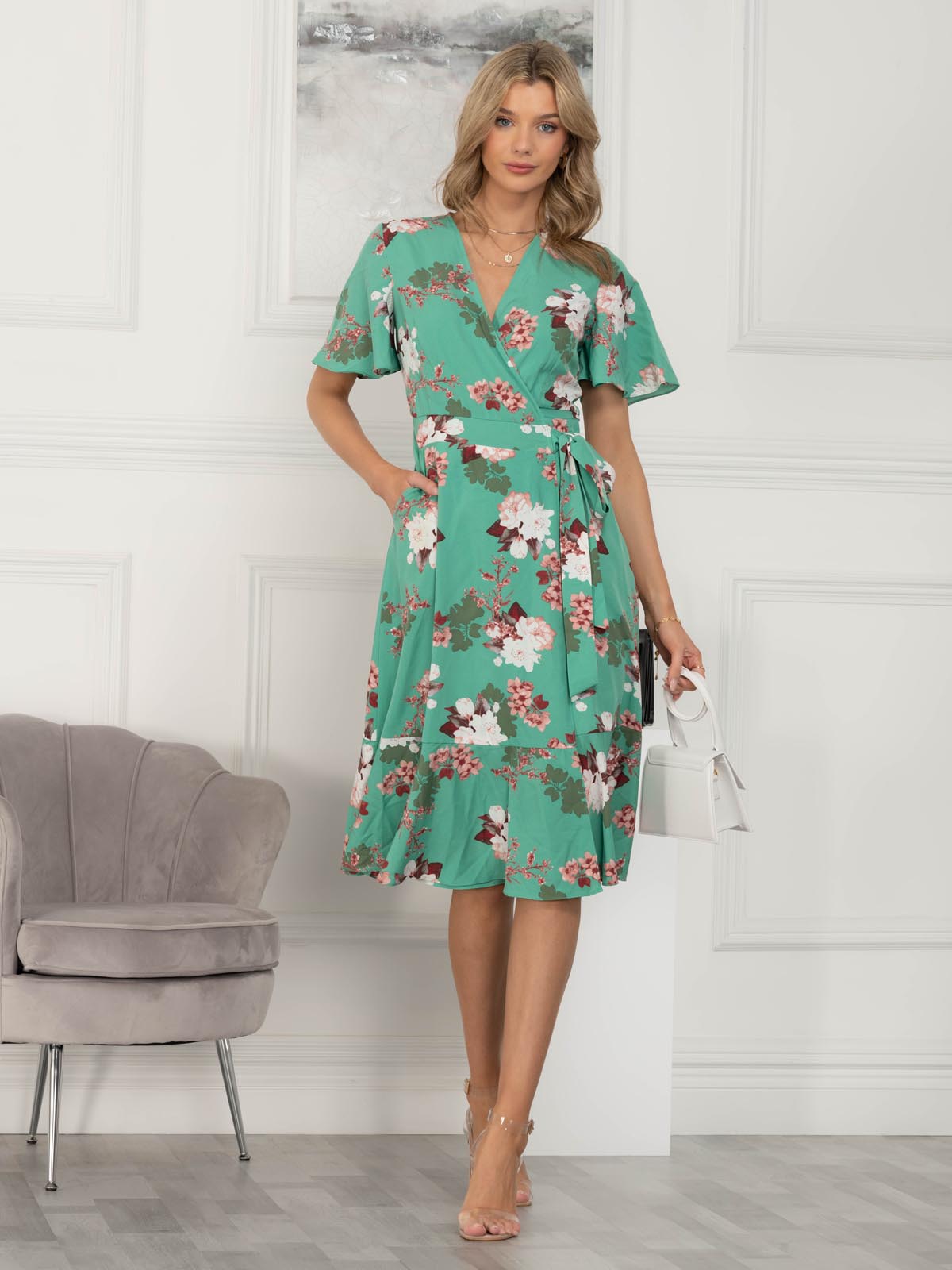 Wylla Wrap Woven Midi Dress, Green Floral