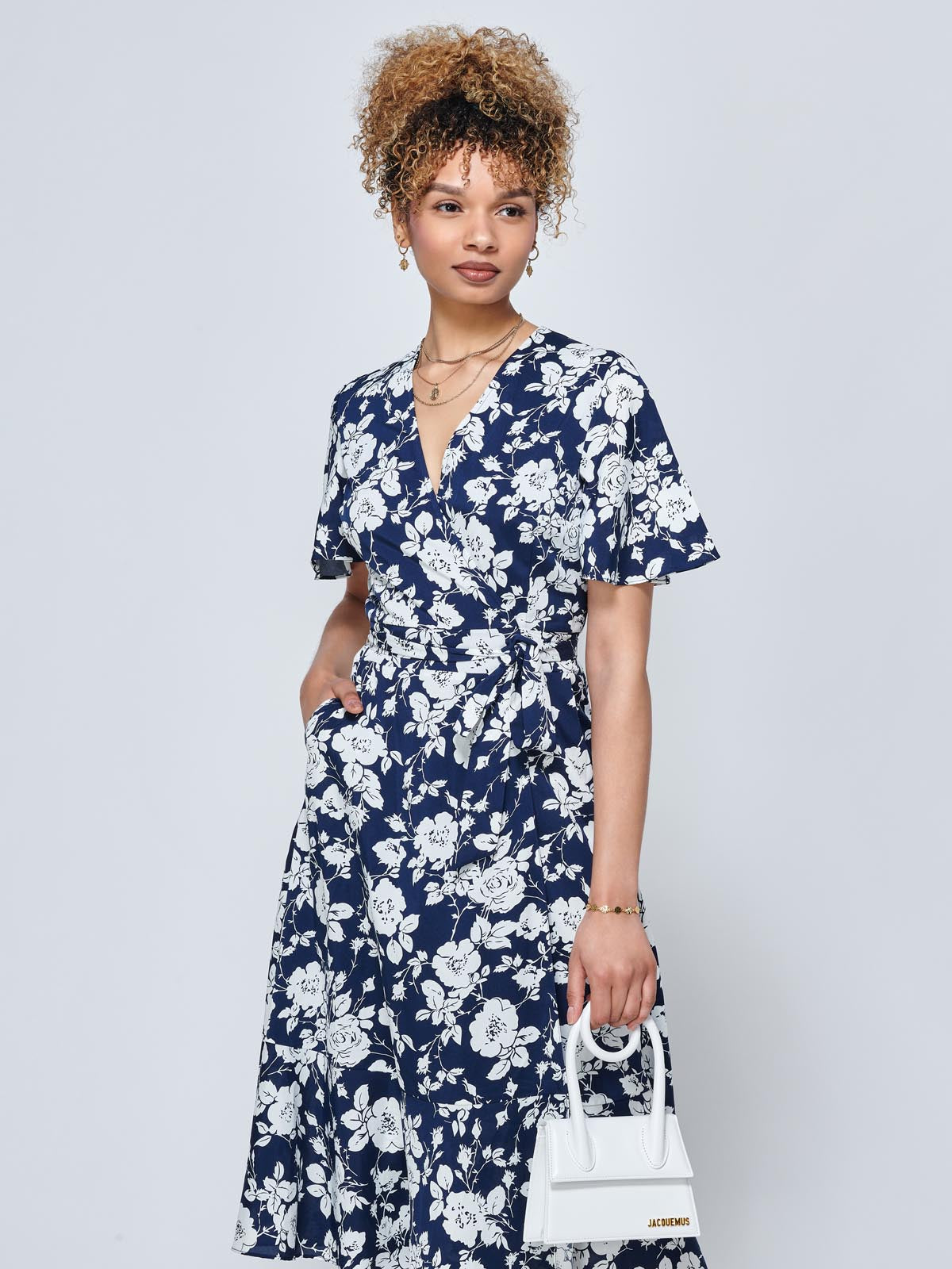 Wylla Wrap Woven Midi Dress, Navy Floral