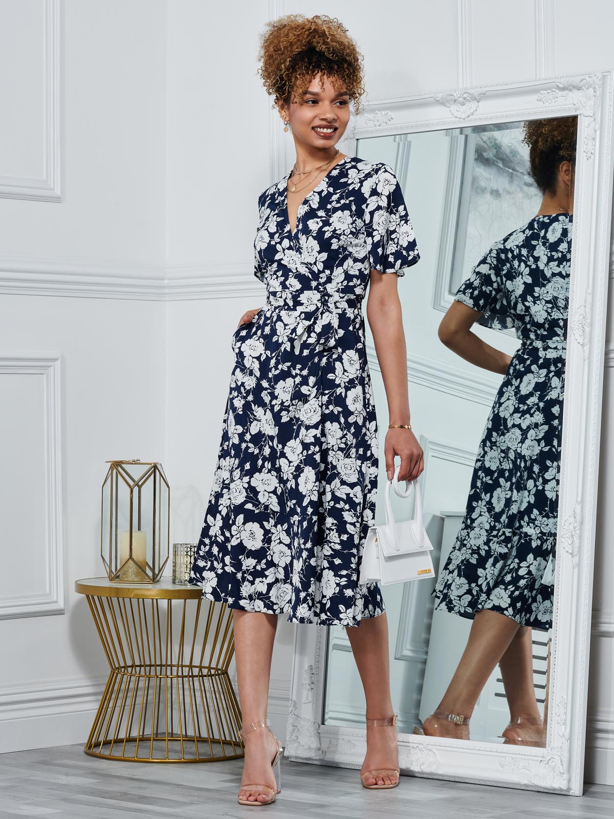 Wylla Wrap Woven Midi Dress, Navy Floral