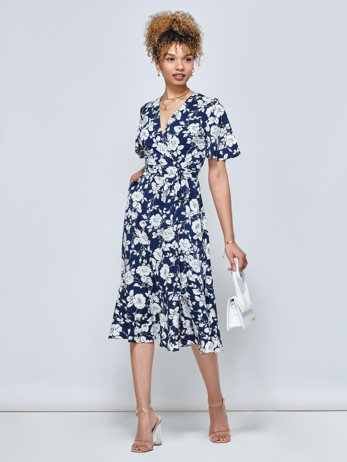 Wylla Wrap Woven Midi Dress, Navy Floral
