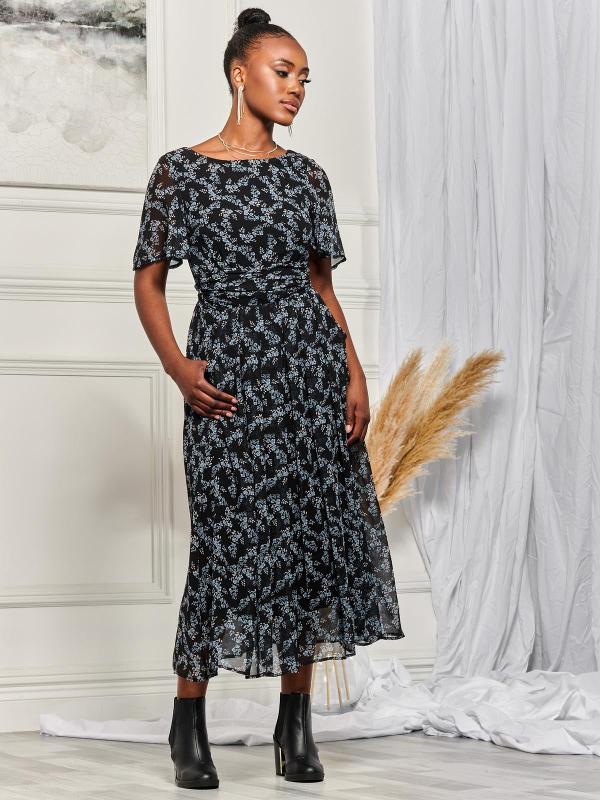 Angel Sleeve Chiffon Maxi Dress, Black Ditsy