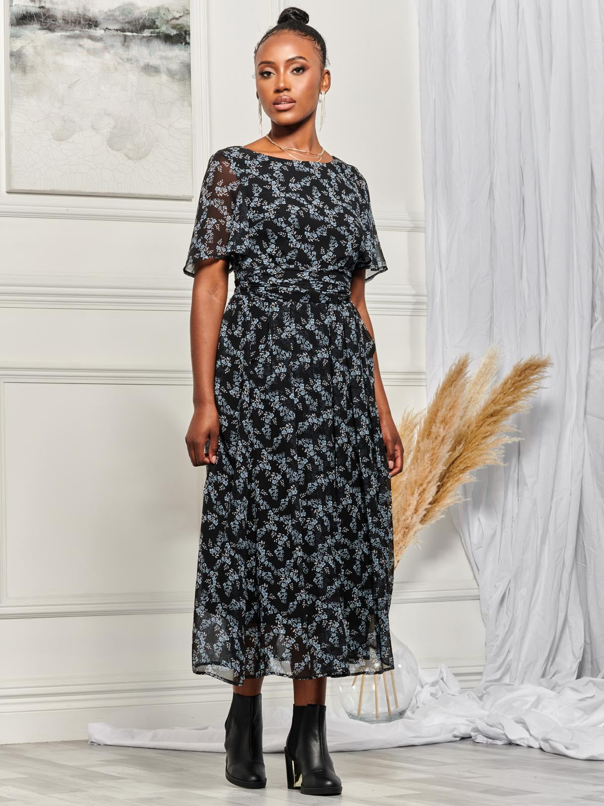 Angel Sleeve Chiffon Maxi Dress, Black Ditsy