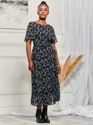 Angel Sleeve Chiffon Maxi Dress, Black Ditsy