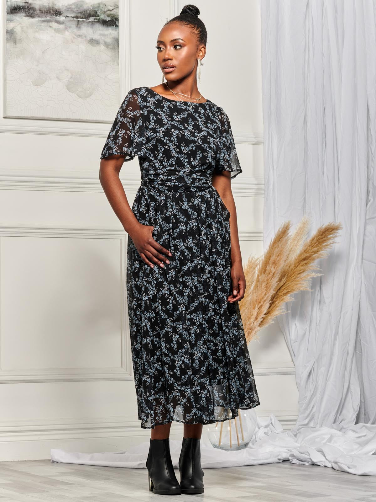 Angel Sleeve Chiffon Maxi Dress, Black Ditsy