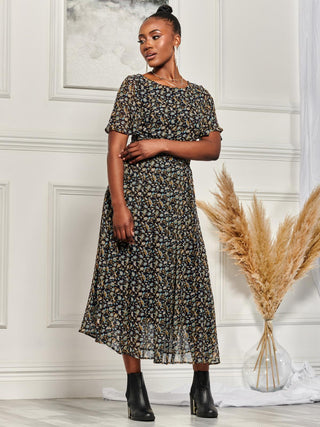 Angel Sleeve Chiffon Maxi Dress, Navy Floral