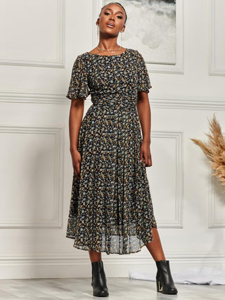 Angel Sleeve Chiffon Maxi Dress, Navy Floral