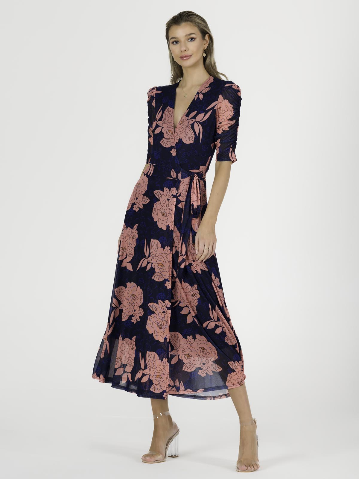 Winona Mesh Wrap Maxi Dress, Navy Floral