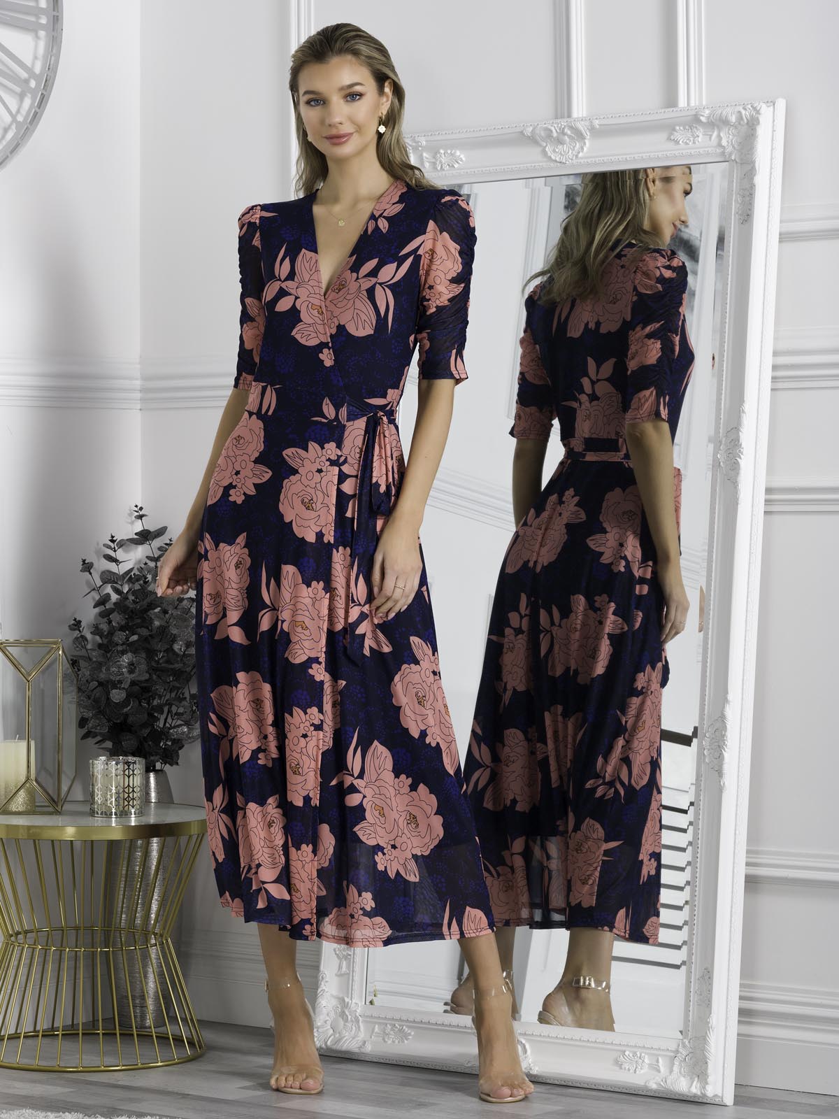 Winona Mesh Wrap Maxi Dress, Navy Floral