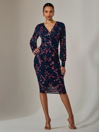 Mesh Long Sleeve Ruched Bodycon Dress, Navy Pink Multi