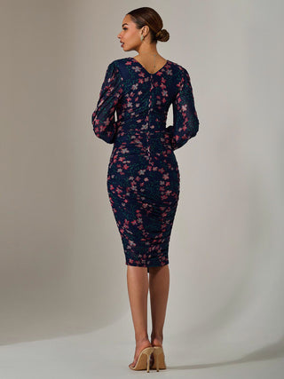Mesh Long Sleeve Ruched Bodycon Dress, Navy Pink Multi