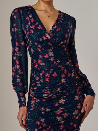 Mesh Long Sleeve Ruched Bodycon Dress, Navy Pink Multi