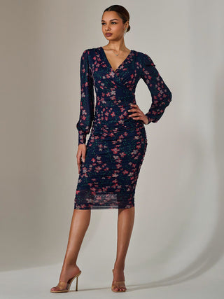 Mesh Long Sleeve Ruched Bodycon Dress, Navy Pink Multi