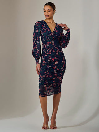 Mesh Long Sleeve Ruched Bodycon Dress, Navy Pink Multi