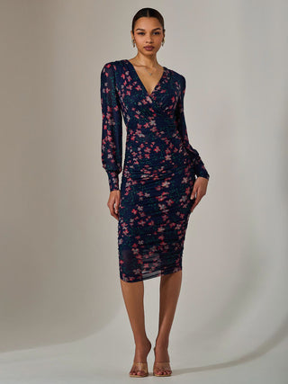 Mesh Long Sleeve Ruched Bodycon Dress, Navy Pink Multi