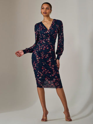 Mesh Long Sleeve Ruched Bodycon Dress, Navy Pink Multi