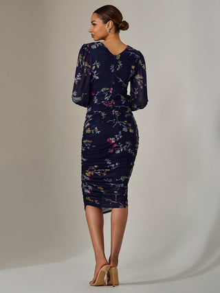 Mesh Long Sleeve Ruched Bodycon Dress, Navy Red Floral