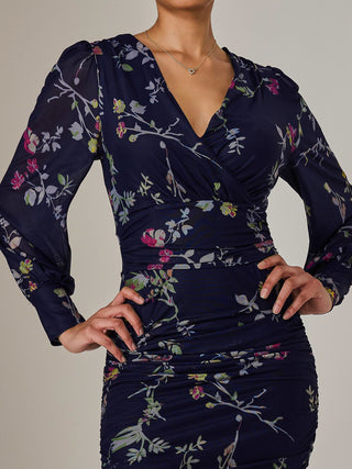 Mesh Long Sleeve Ruched Bodycon Dress, Navy Red Floral