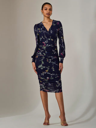 Mesh Long Sleeve Ruched Bodycon Dress, Navy Red Floral