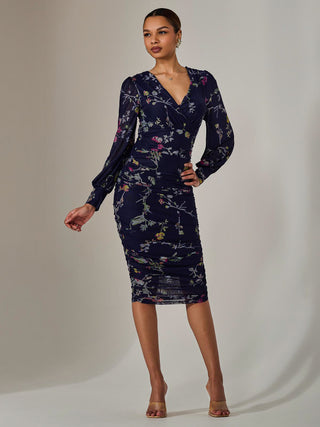 Mesh Long Sleeve Ruched Bodycon Dress, Navy Red Floral