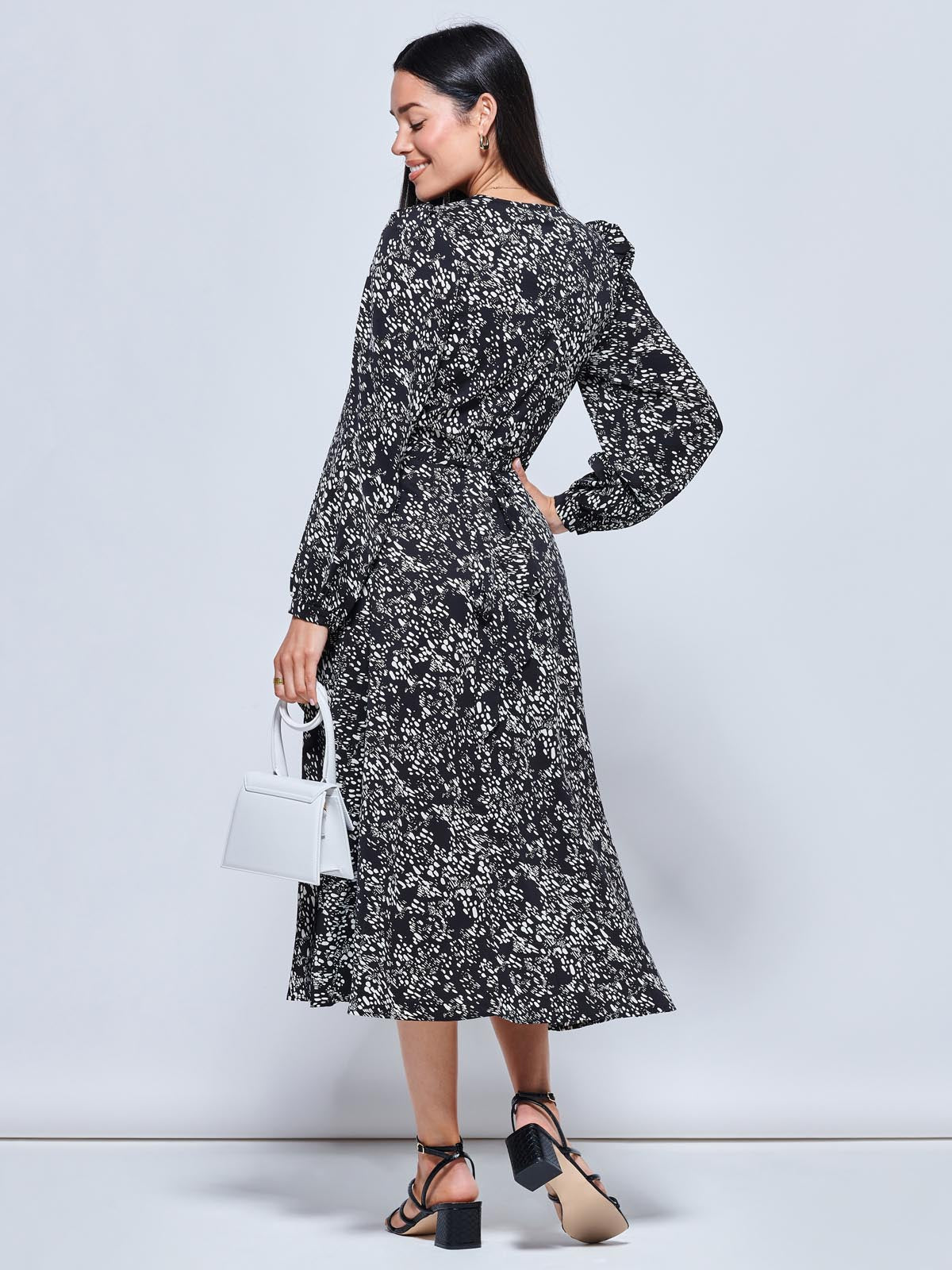 Crepe Wrap Long Sleeve Midi Dress, Black Spot