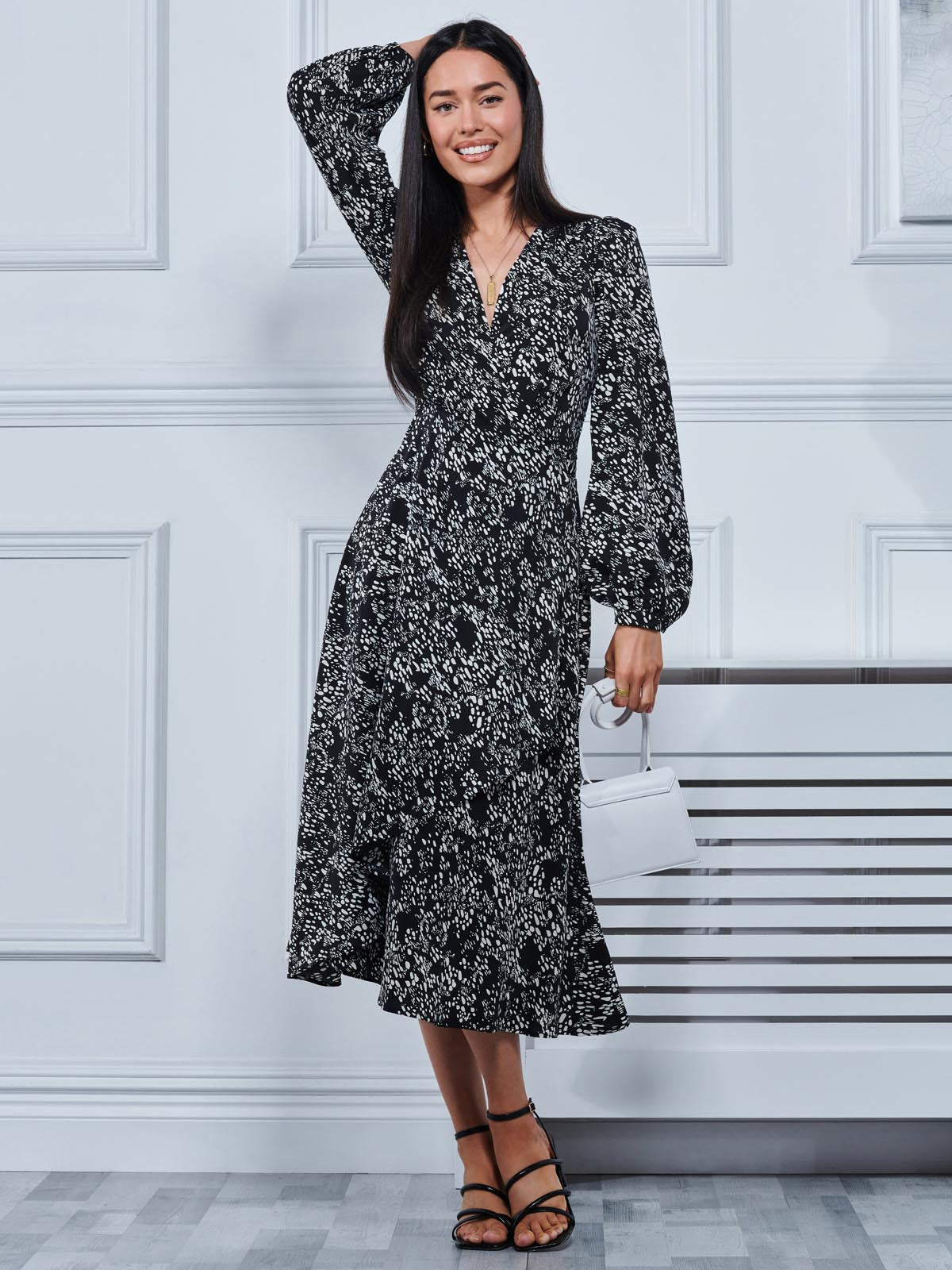 Crepe Wrap Long Sleeve Midi Dress, Black Spot