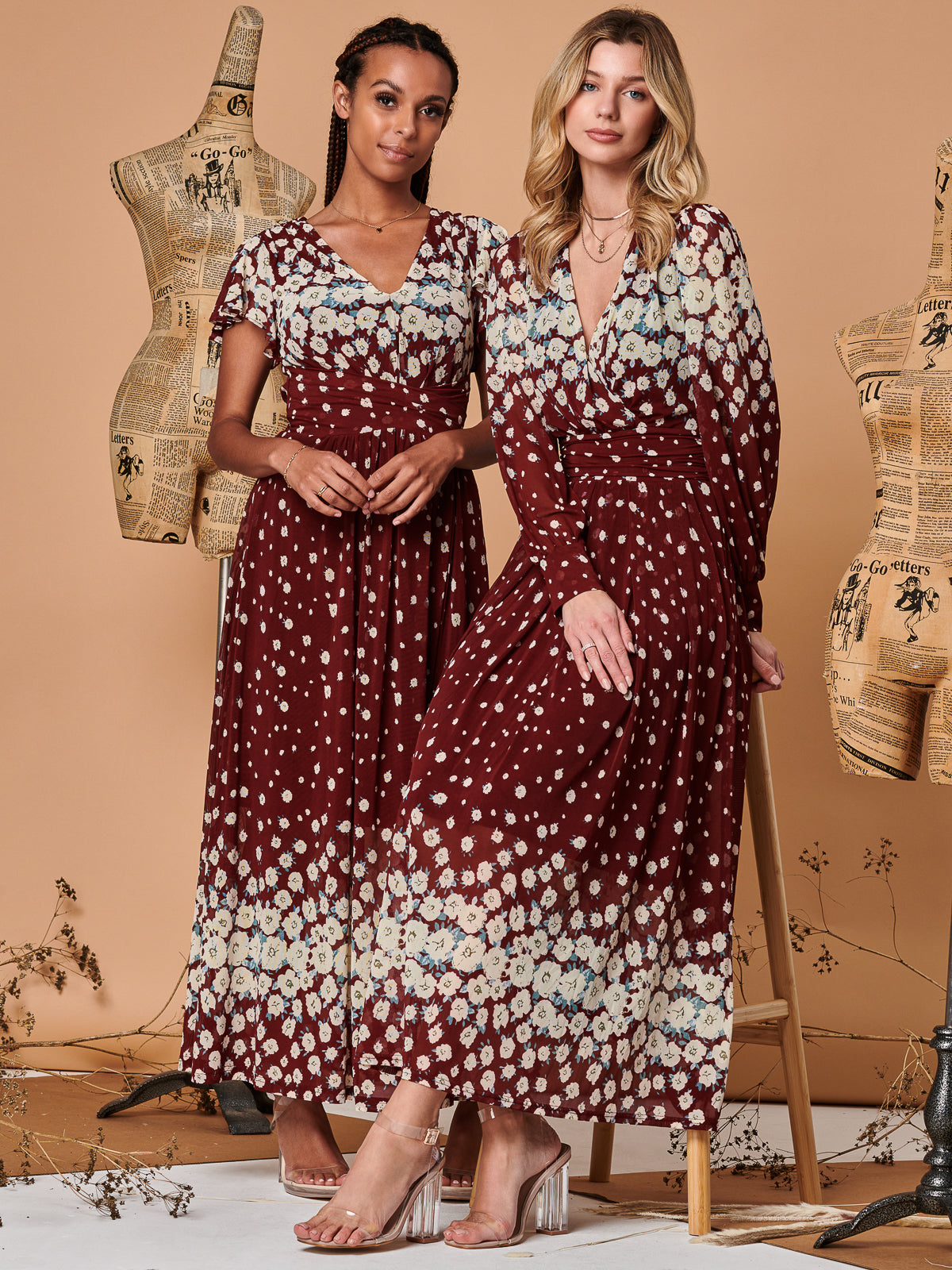 Carlii Symmetrical Print Mesh Maxi Dress, Burgundy Multi