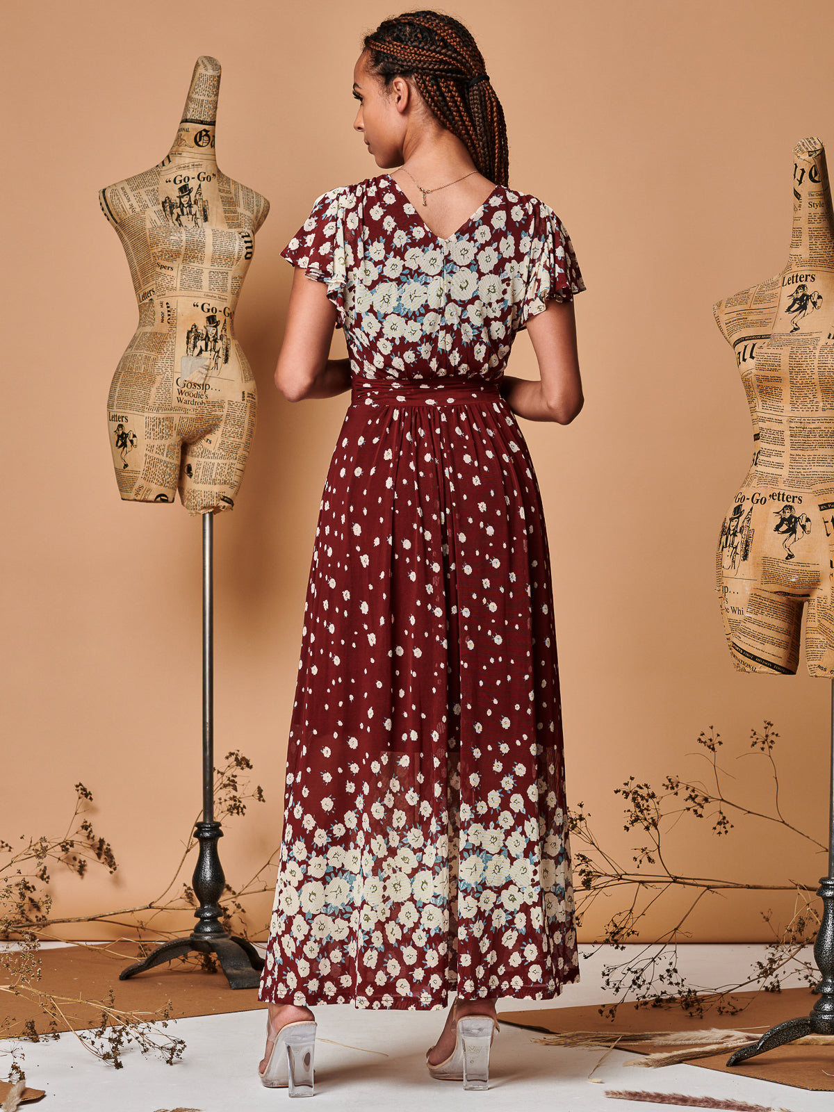 Carlii Symmetrical Print Mesh Maxi Dress, Burgundy Multi