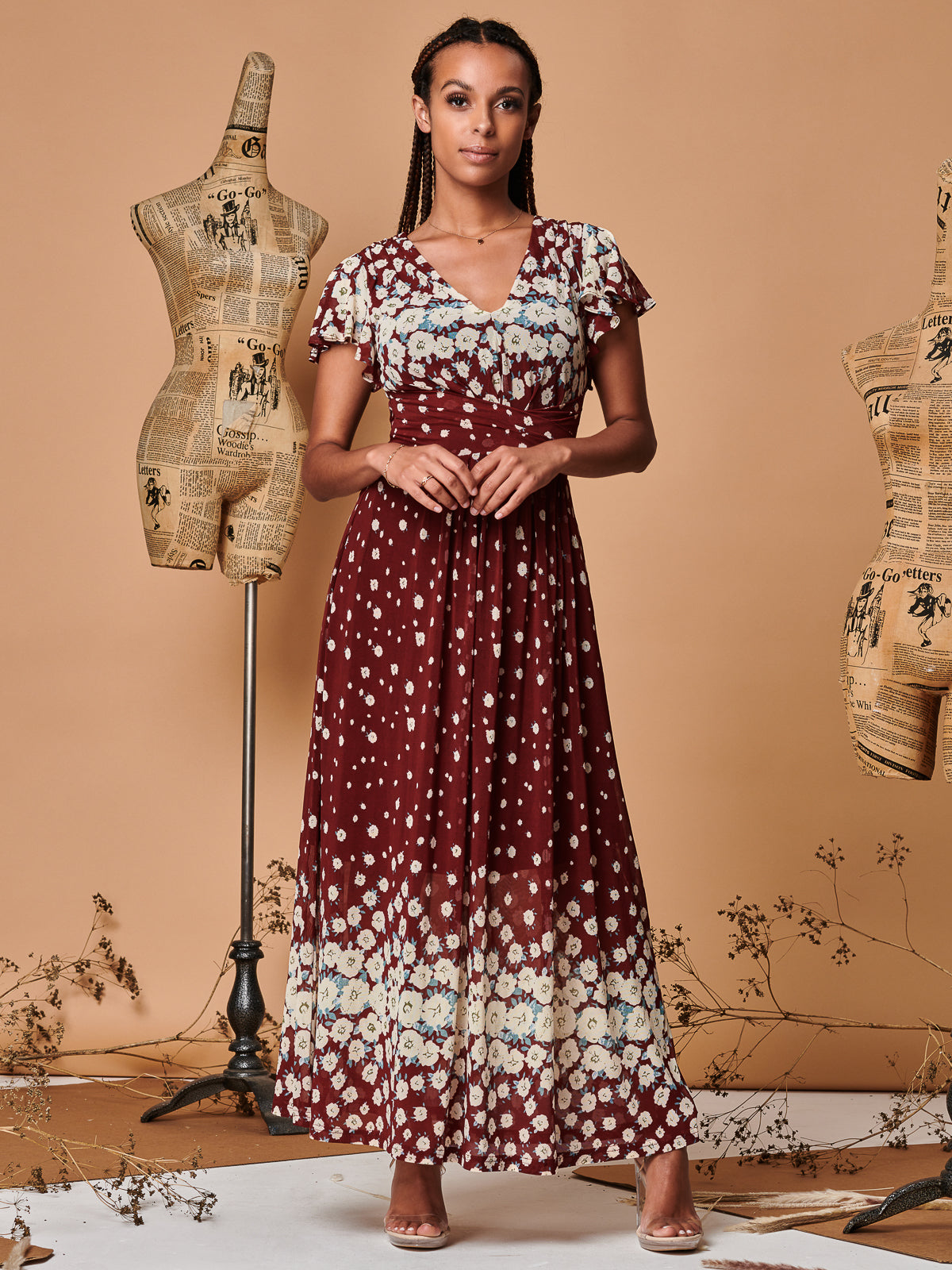 Carlii Symmetrical Print Mesh Maxi Dress, Burgundy Multi