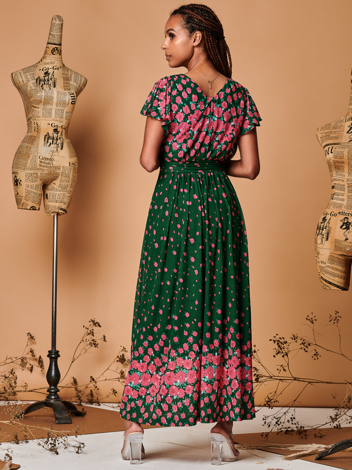 Carlii Symmetrical Print Mesh Maxi Dress, Green Floral
