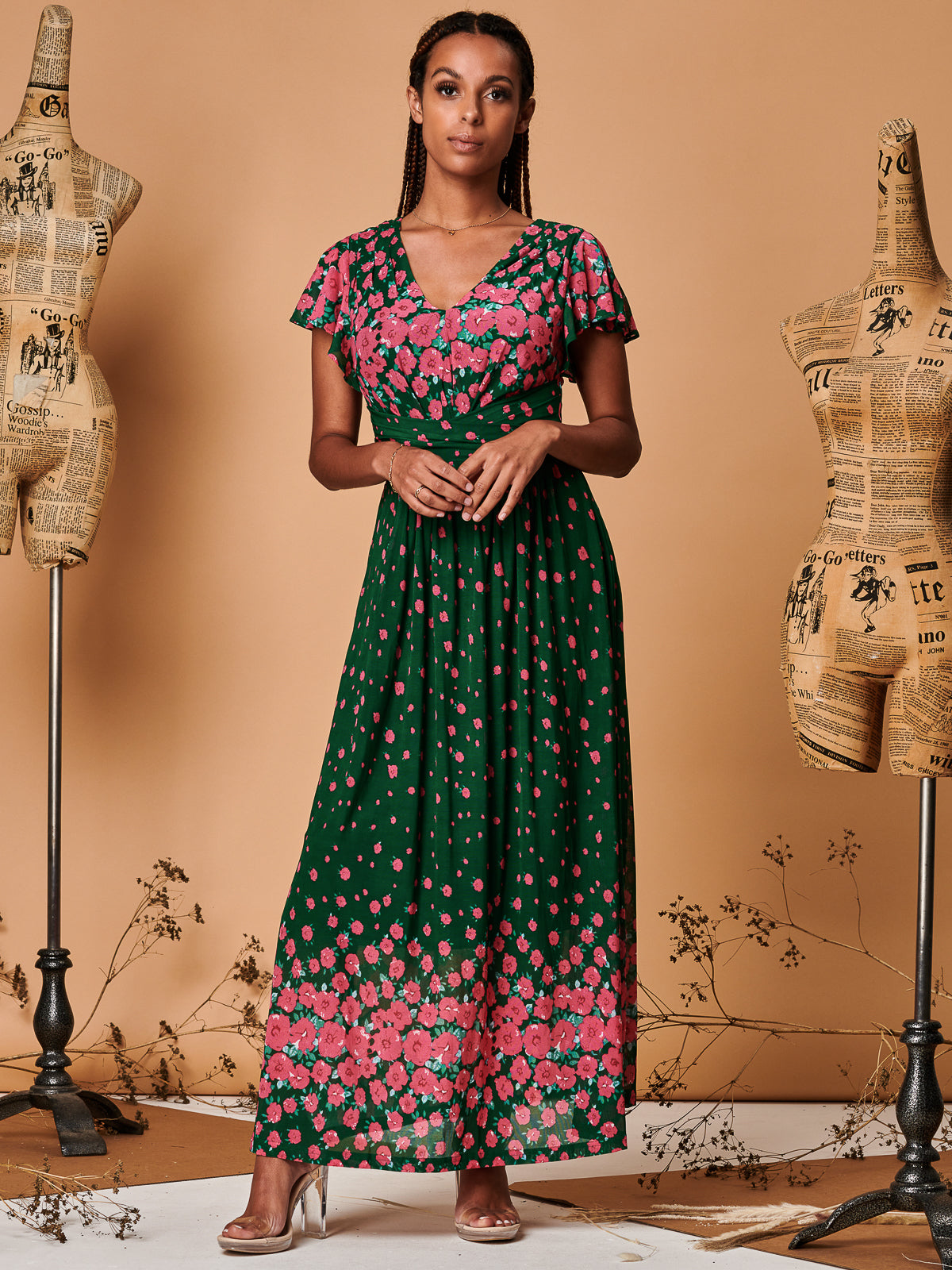 Carlii Symmetrical Print Mesh Maxi Dress, Green Floral