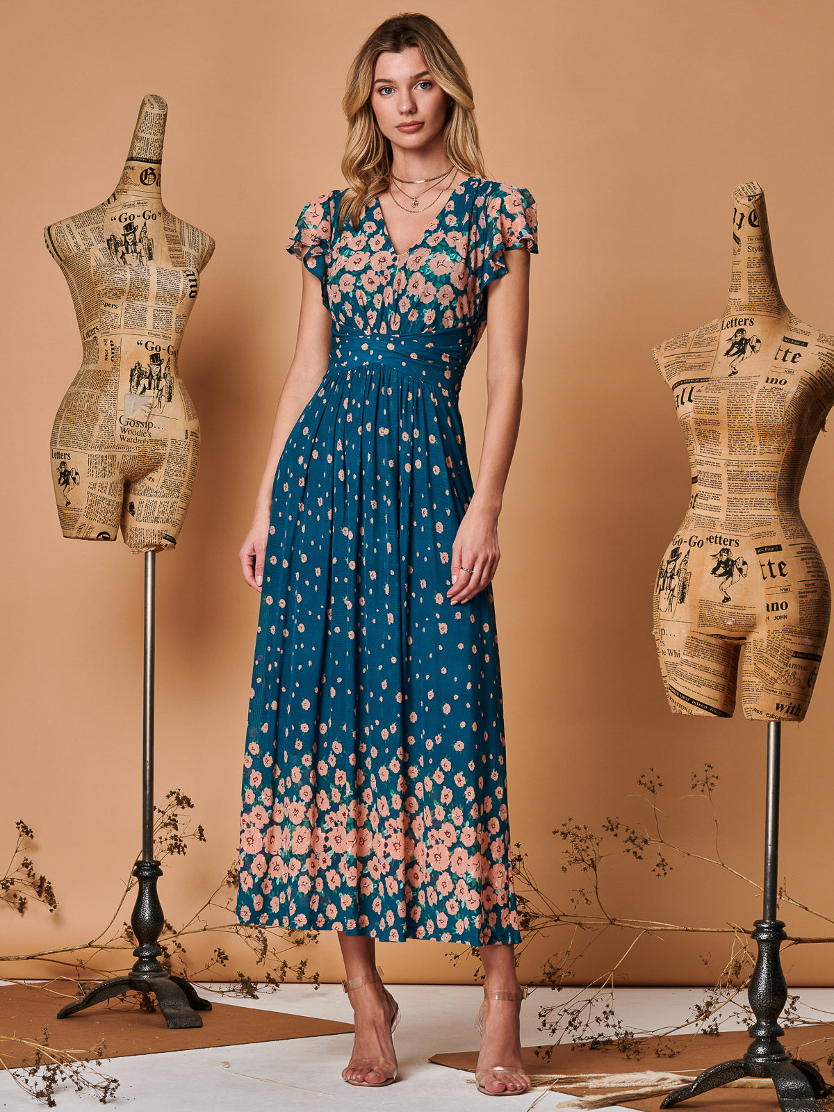 Carlii Symmetrical Print Mesh Maxi Dress, Teal Floral