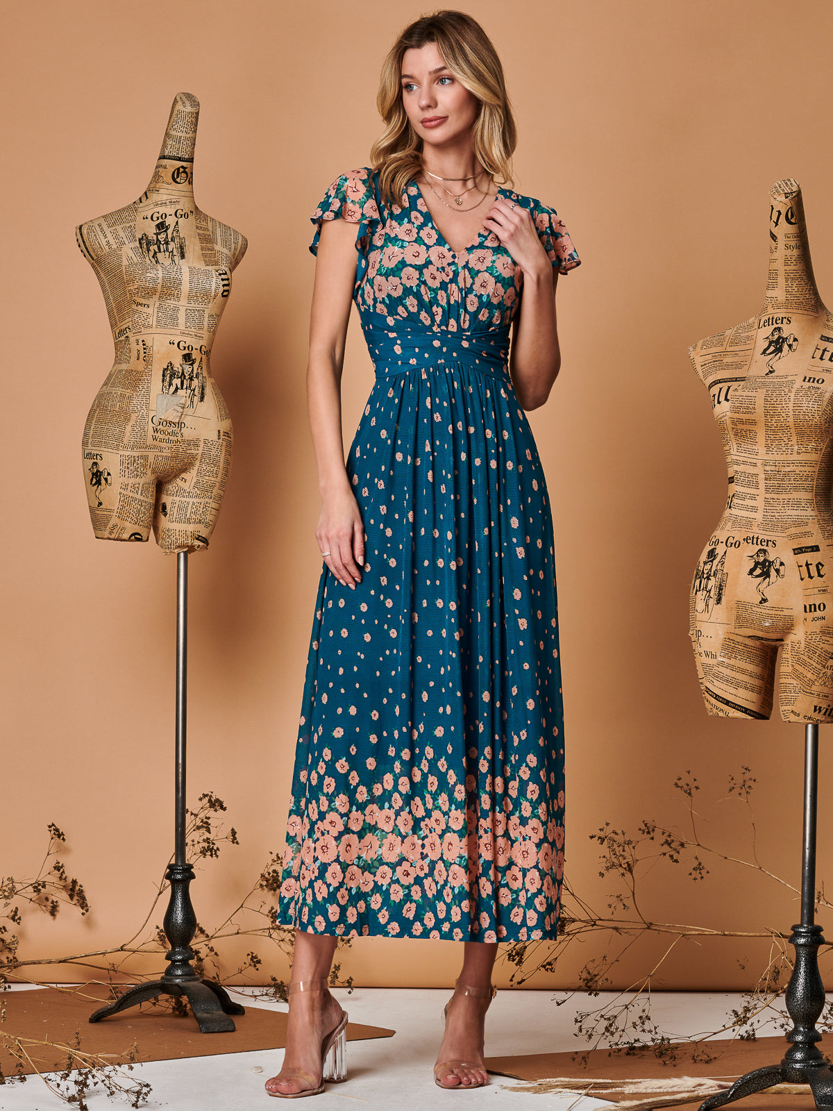 Carlii Symmetrical Print Mesh Maxi Dress, Teal Floral