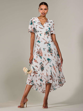 Angel Sleeve Pleated Chiffon Maxi Dress, Beige Floral