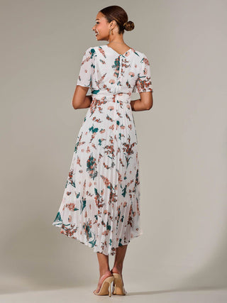 Angel Sleeve Pleated Chiffon Maxi Dress, Beige Floral