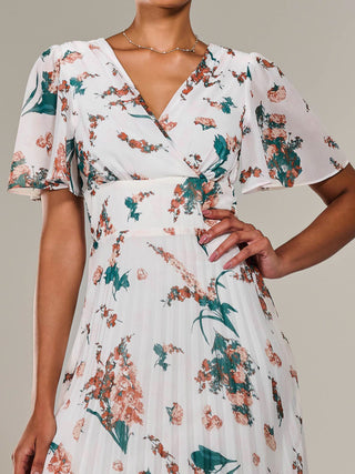 Angel Sleeve Pleated Chiffon Maxi Dress, Beige Floral