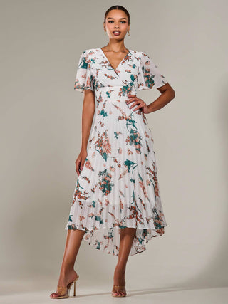 Angel Sleeve Pleated Chiffon Maxi Dress, Beige Floral