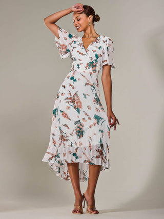 Angel Sleeve Pleated Chiffon Maxi Dress, Beige Floral