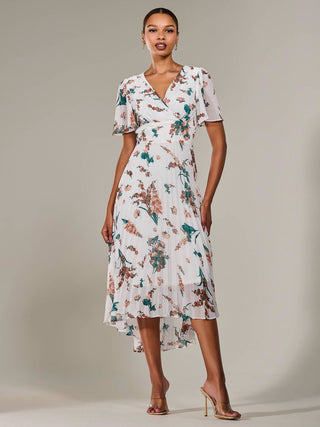 Angel Sleeve Pleated Chiffon Maxi Dress, Beige Floral