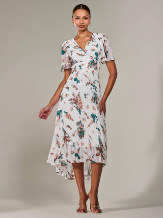 Angel Sleeve Pleated Chiffon Maxi Dress, Beige Floral