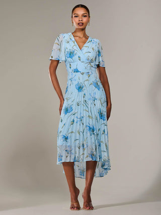 Angel Sleeve Pleated Chiffon Maxi Dress, Blue Floral