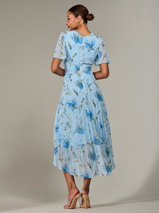 Angel Sleeve Pleated Chiffon Maxi Dress, Blue Floral