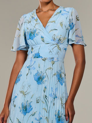 Angel Sleeve Pleated Chiffon Maxi Dress, Blue Floral
