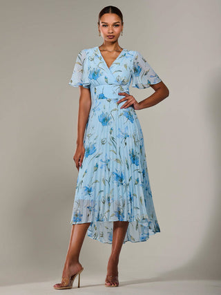Angel Sleeve Pleated Chiffon Maxi Dress, Blue Floral