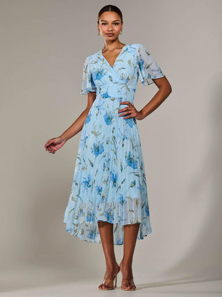 Angel Sleeve Pleated Chiffon Maxi Dress, Blue Floral