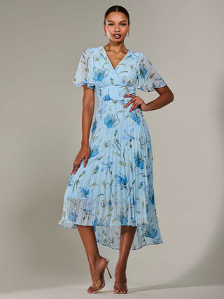 Angel Sleeve Pleated Chiffon Maxi Dress, Blue Floral