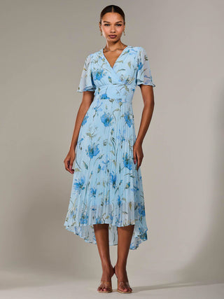 Angel Sleeve Pleated Chiffon Maxi Dress, Blue Floral