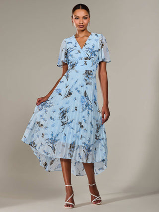 Angel Sleeve Pleated Chiffon Maxi Dress, Blue Multi