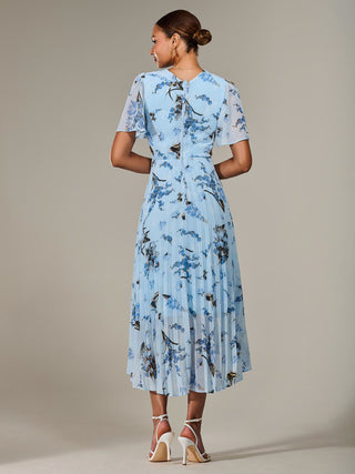Angel Sleeve Pleated Chiffon Maxi Dress, Blue Multi