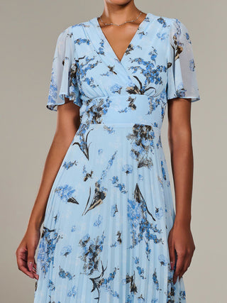 Angel Sleeve Pleated Chiffon Maxi Dress, Blue Multi